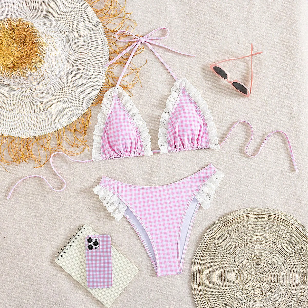 New Summer Lace Plaid Halter Bikini Ruffle Vacation Two-Piece Swimsuit Women's Swimwear