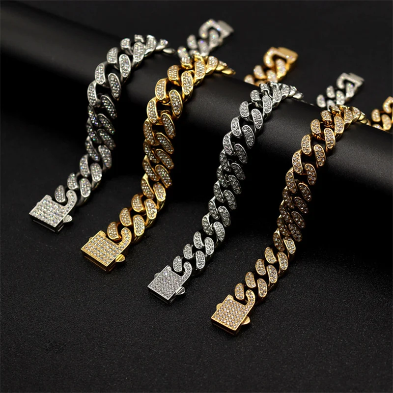 

Hip Hop Bling Iced Out Solid Stainless Steel Round Cuban Link Chain Bracelets for Men Rock Jewelry Gold Silver Color Gift