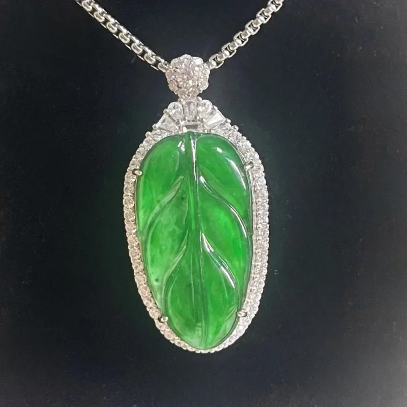 Exquisite High-End New Natural Jade A-Shaped Leaf Shape S925 Silver Inlaid Rhinestone Pendant For Men And Women Jewelry Gifts