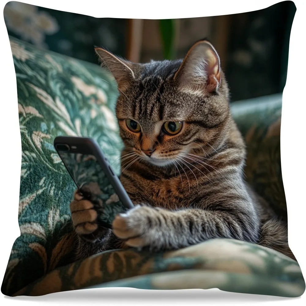 Yastık kılıfı Şişman Kedi Tutma Telefon Desenli Yastık Örtüsü Yatak Odası, Oturma Odası ve Kanepe Dekoru için Dayanıklı Polyester Çift Taraflı Baskı