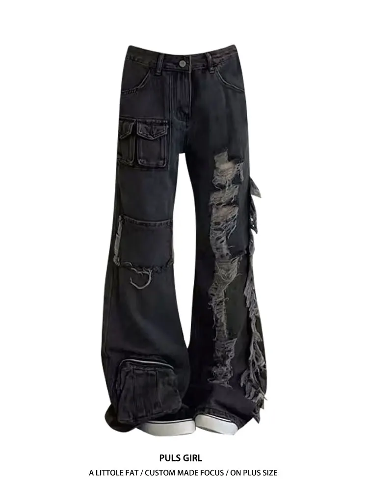 

Джинсы женские прямого кроя с высокой талией в уличном стиле, больших размеров, с множеством карманов, рабочие, из денима, с модным дизайном с дырками, для повседневной носки