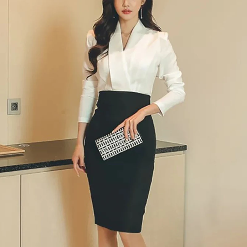 Summer New Office Lady Elegant Fashion Patchwork Bodycon Dress Female Temperament Long Sleeve Waist Robe Women\'s V-neck Vestidos