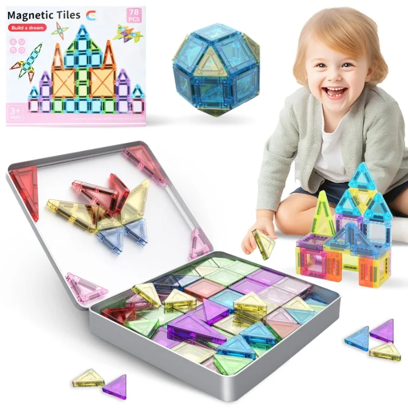 Ensemble de Mini carreaux magnétiques de voyage, 78 pièces, avec boîte en fer, blocs de construction portables, essentiels de voyage, jouets STEM créatifs, cadeaux pour enfants