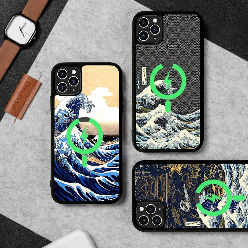 Kanagawa Große Welle Anime Für Magsafe Telefon Fall Für IPhone 16 15 11 12 13 14 17 Pro max Plus Magnetische Drahtlose Ladung