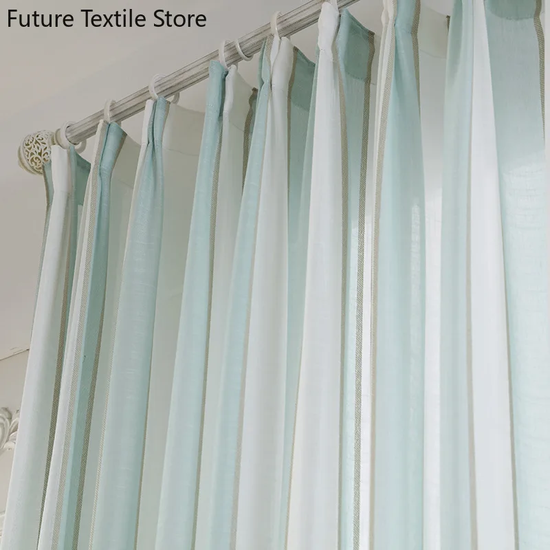 

New Blue and White Striped Linen Cotton Gauze Curtains for Living Room Bedroom Finished Custom Partition Curtain Decoration