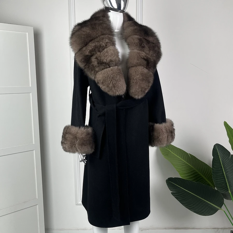 ใหม่ CASHMERE Coat ผู้หญิงผ้าขนสัตว์ผสมยาวขนสุนัขจิ้งจอกจริง Trim ขนสัตว์ธรรมชาติแจ็คเก็ตเสื้อผ้าหรูหราเสื้อขนสัตว์แคชเมียร์