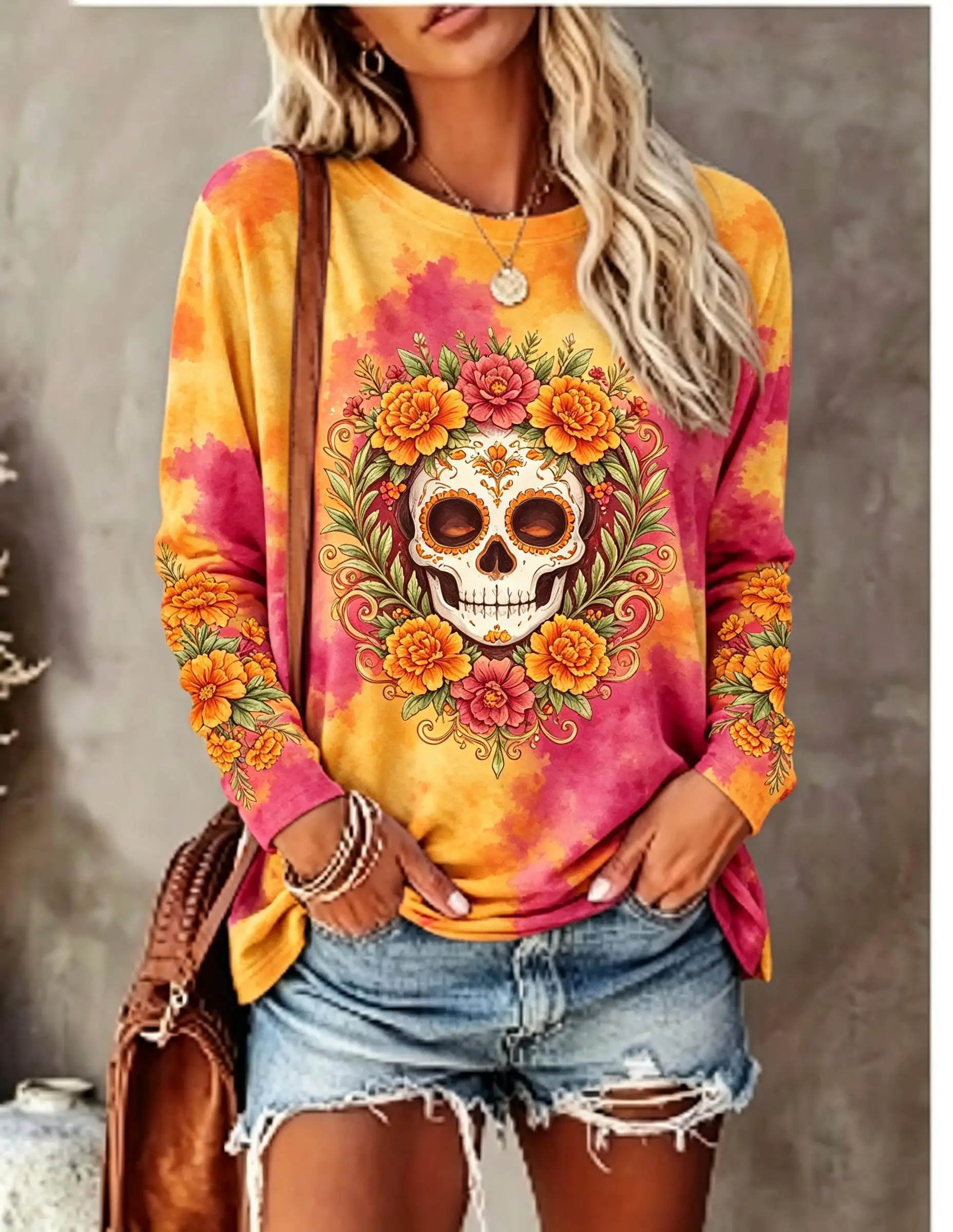 Women Long Sleeve T Shirt Day of The Dead Floral Sugar Skull Tie Dye Print Crew Neck Fall Tops