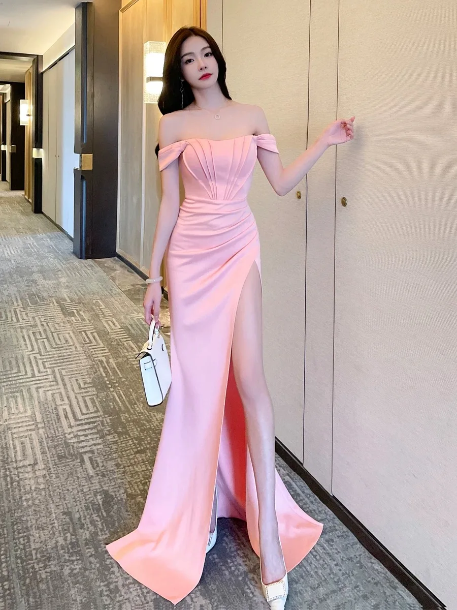 

High-end evening dress niche one-shoulder long slit fishtail tube top evening dress female high-end