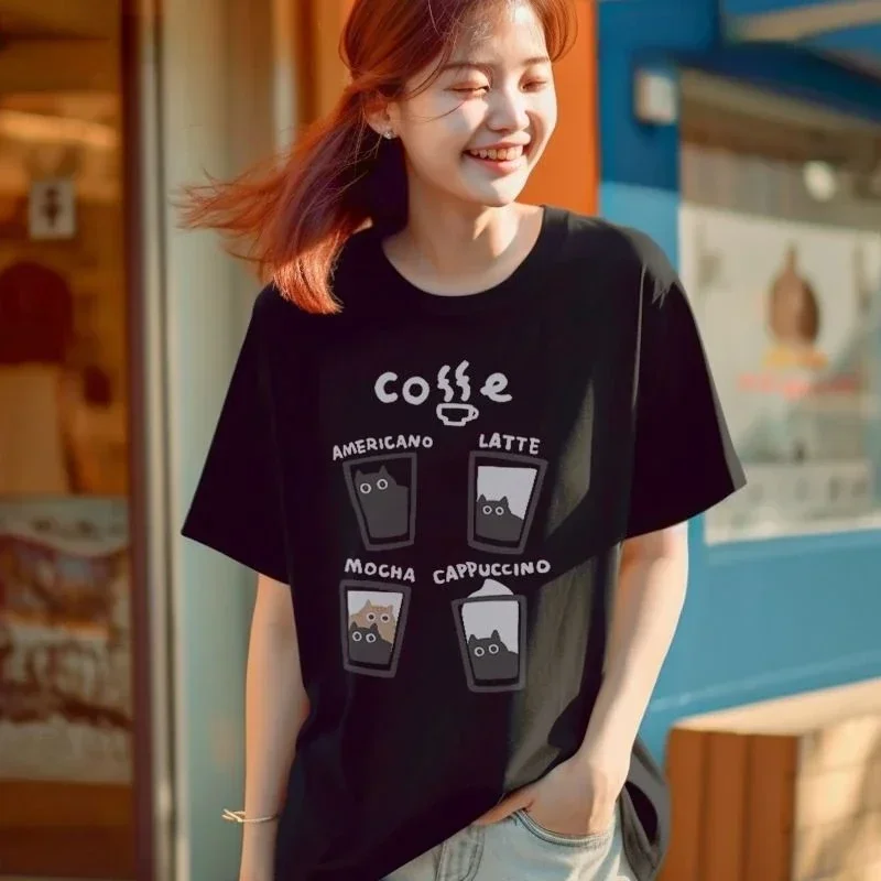 Summer Men and Women Vintage Cat Coffee Pattern T-Shirt Short Sleeve Cotton Round Neck Loose Versatile Half Sleeve Ins Clothes