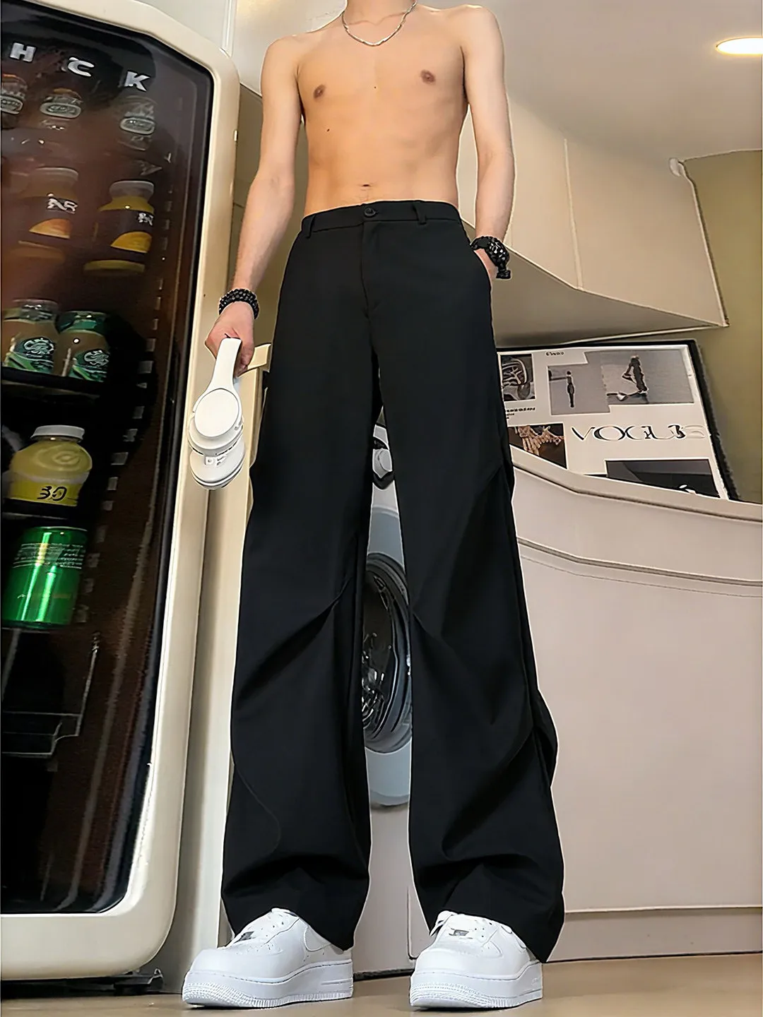 

Black Pleated Flared Men's Autumn Winter Fleece Lined Wide Leg Work Trousers Cleanfit Drapey Knife Straight Cut Jeans