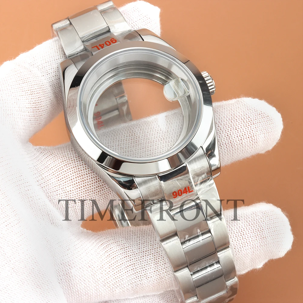 Caja de reloj negra/plateada de 36mm y 39mm, correa de ostra polaca con esfera de onda de agua de 28,5mm, manecillas luminosas verdes compatibles con movimiento NH35 NH36