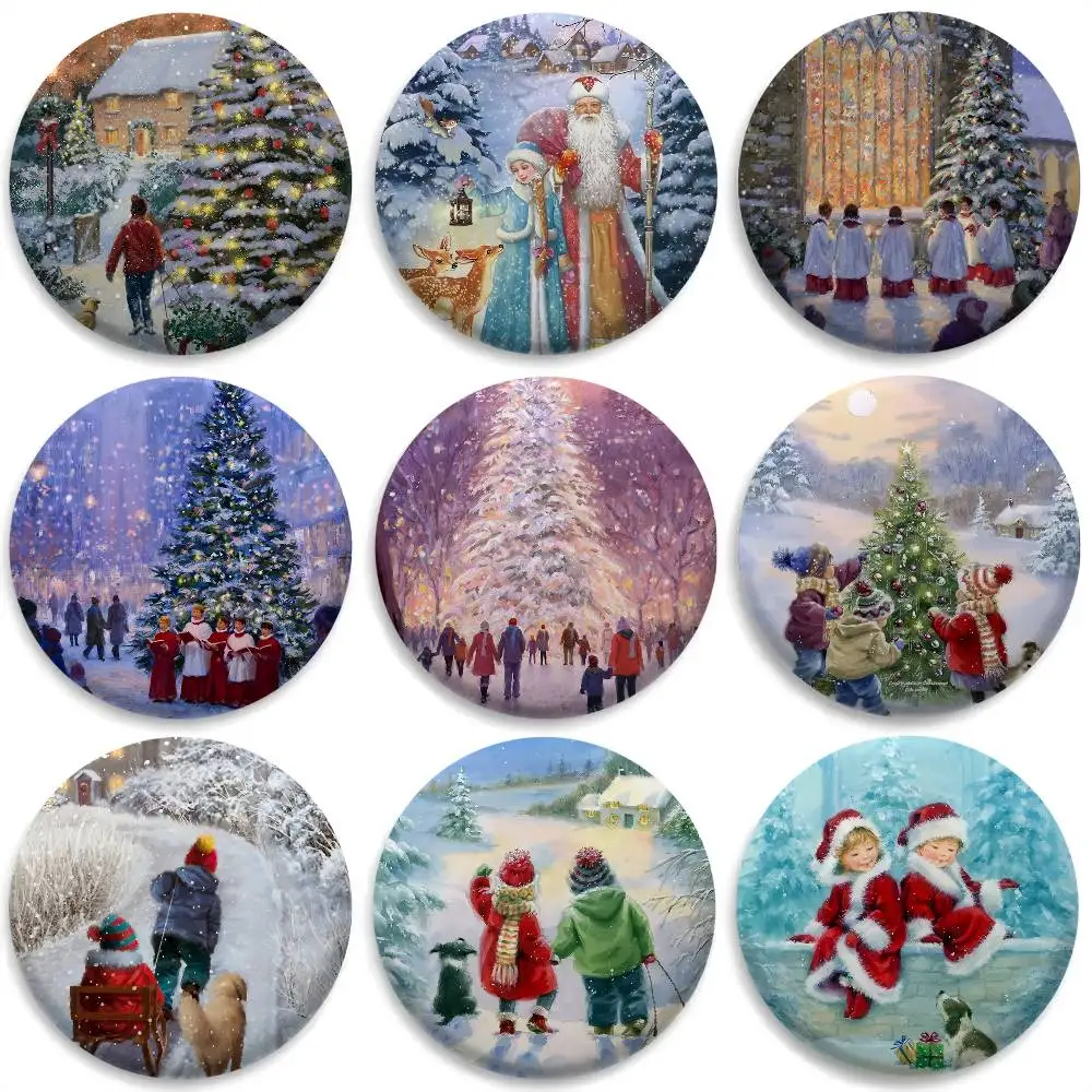 

Christmas Snow Scene Oil Painting Badges Round Exquisite Badge Brooches Creative Pins For Clothes Hat Backpack Gift Accessories