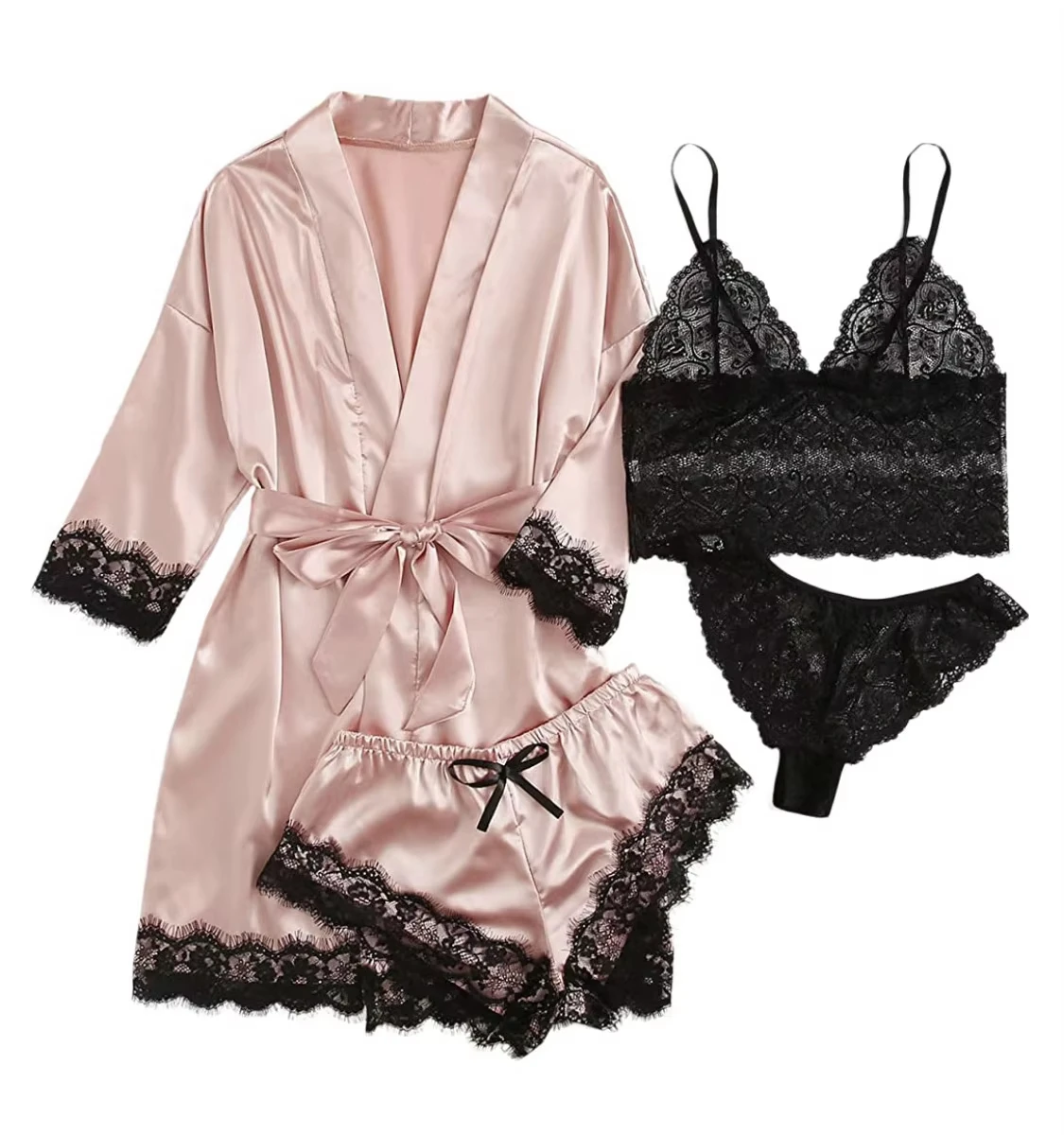 2026 New Autumn Home Wear Silk Four Piece Sleepwear Dress Set for Women Skin Friendly Comfortable, Casual Lace Edge Nightgown