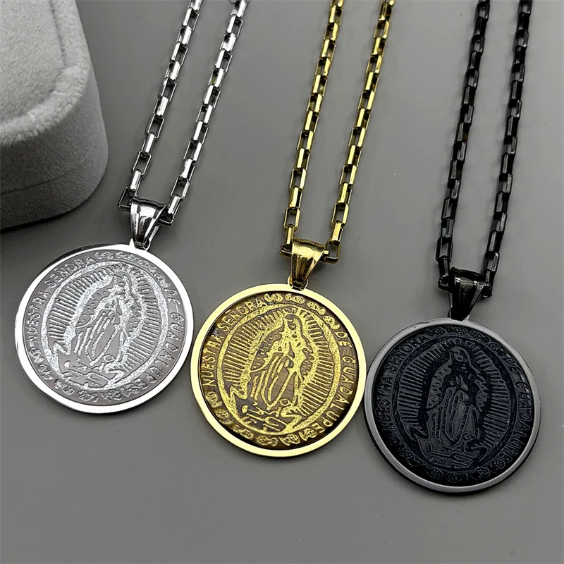 

Stainless Steel Virgin Mary Round Pendant Necklace for Women Men Gold Color Tiger Eye Stone Catholic Gaudalupe Amulet Jewelry