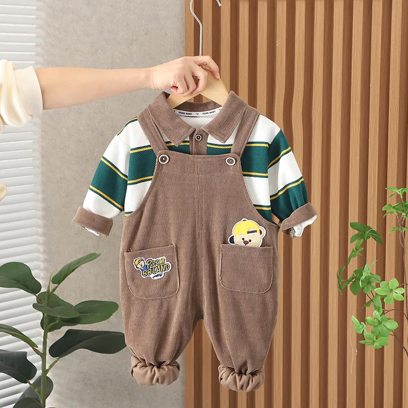 

Toddler Boys Sets 2024 Spring Baby Boy Clothes 1 To 5 Years Cartoon Turn-down Collar Long Sleeve T-shirts and Overalls Outfits