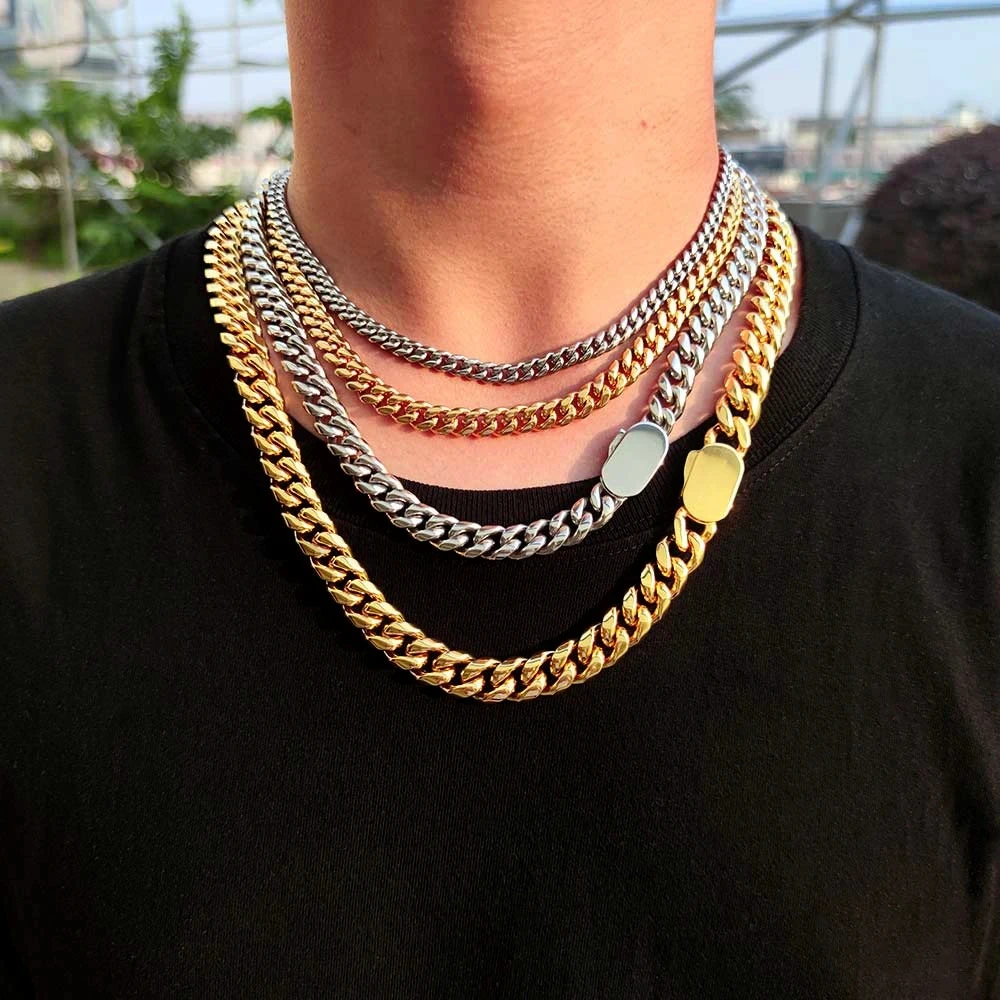 8/10/12mm Punk 18K Gold Color Curb Cuban Chain Necklace Men Women Hiphop Miami Stainless Steel Bike Biker Choker Neck  Jewelry