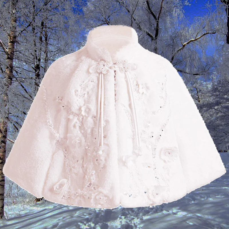 Winter Girls' White Faux Fur Wrap Plush Christmas Shawl Embroidered Flower Applique Jacket Party Dress for 1-14 -Year-old Kids