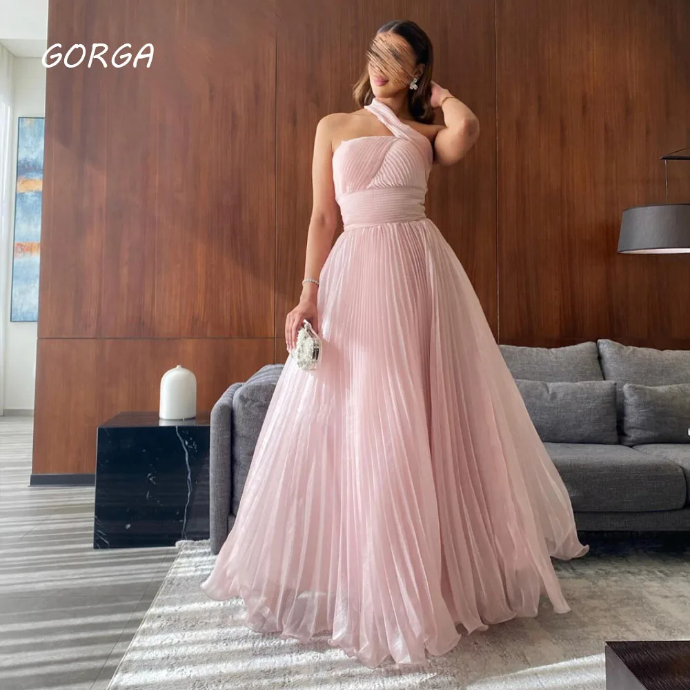 

GORGA Pink Halter Organza A-LINE 2024 Slim Pleat Backless Ocassion Gown Floor-Length Evening Dress فستان سهرة نسائي