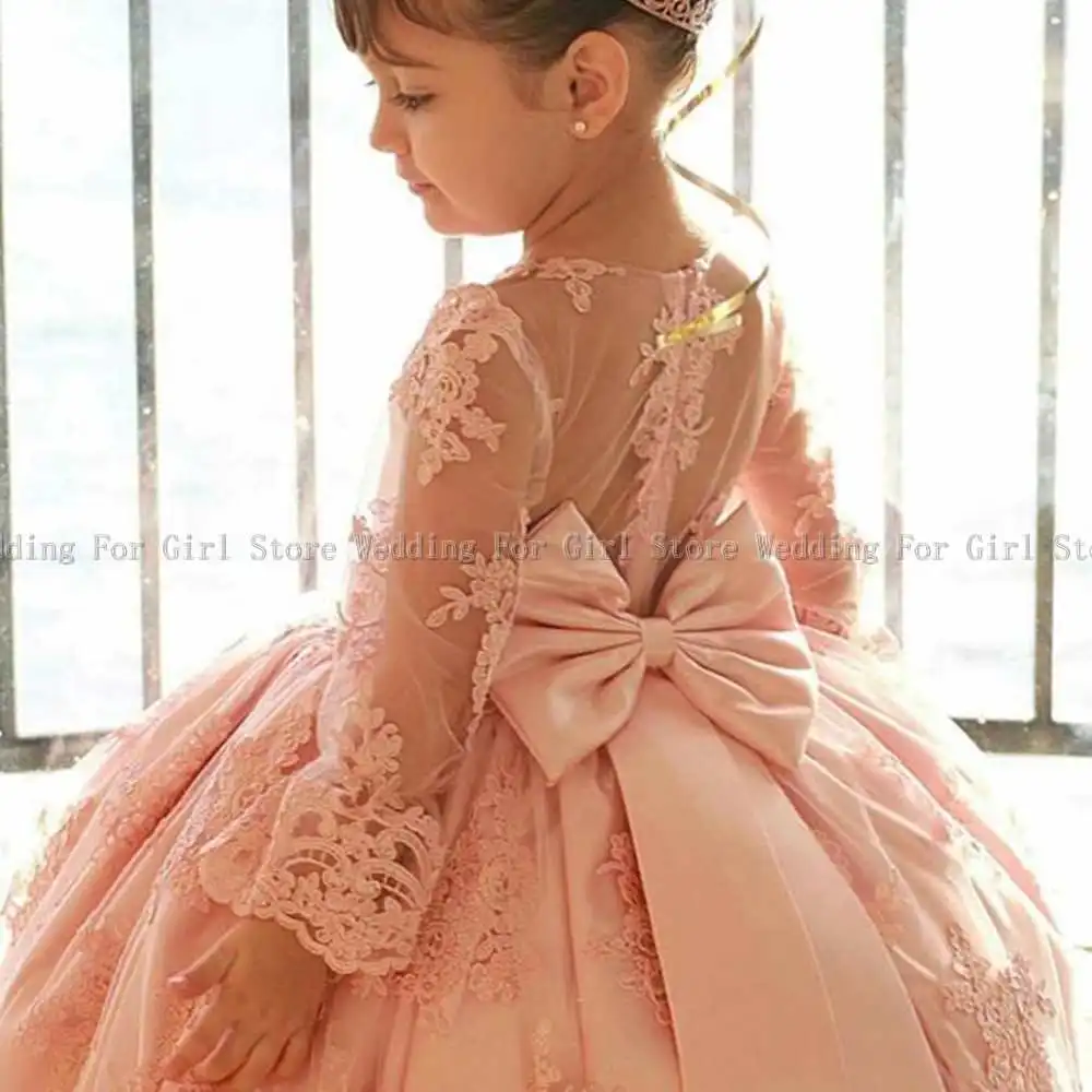 Pink Flower Girl Dresses Lace Appliques Sheer Long Sleeve For Wedding Birthday Evening Holy Communion Gowns