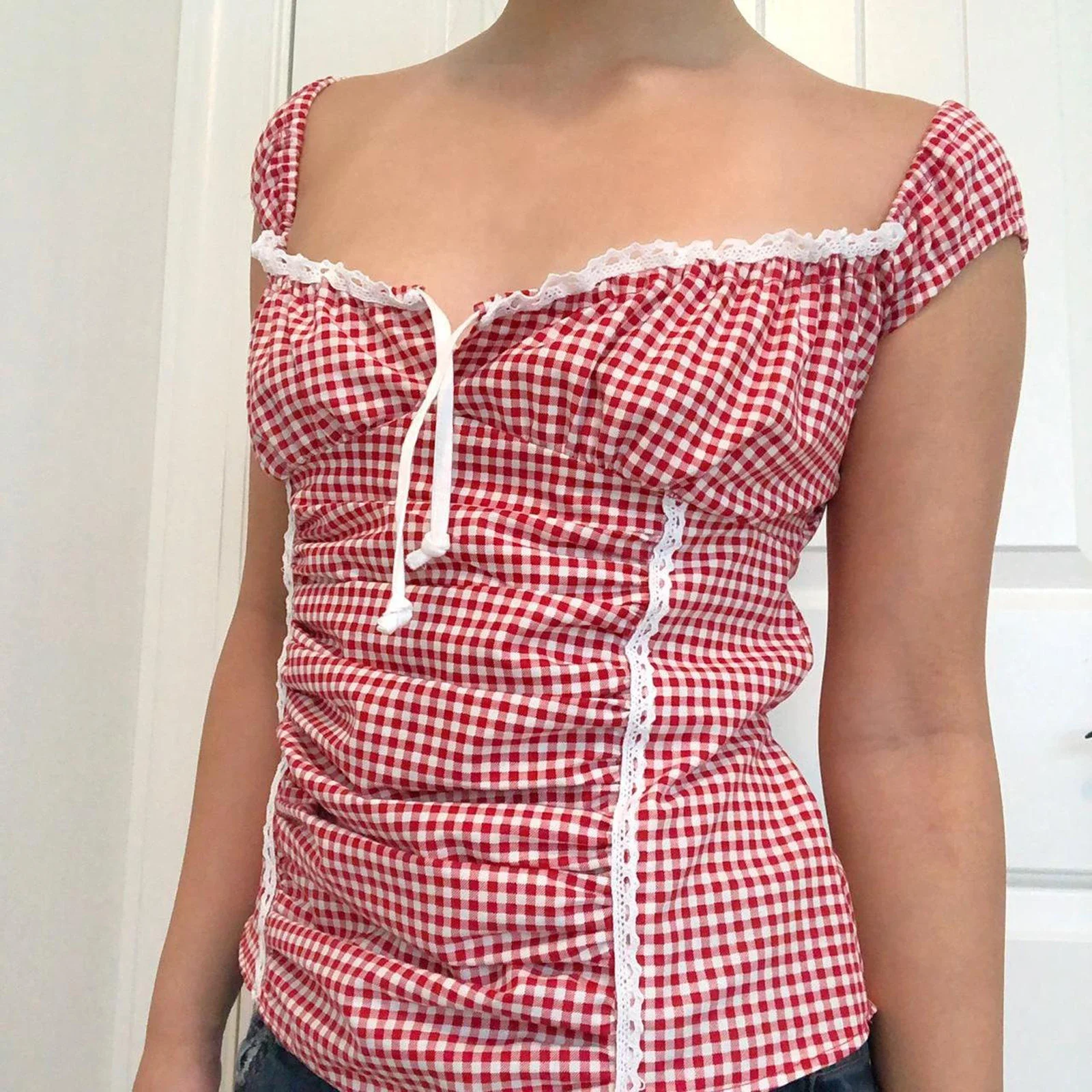 Y2K Fairycore Crop Tops Red Gingham Coquette Picnic Ruffled Blouse Vest Lace Trim Tie Up Square Collar Milkmaid Tops Streetwear