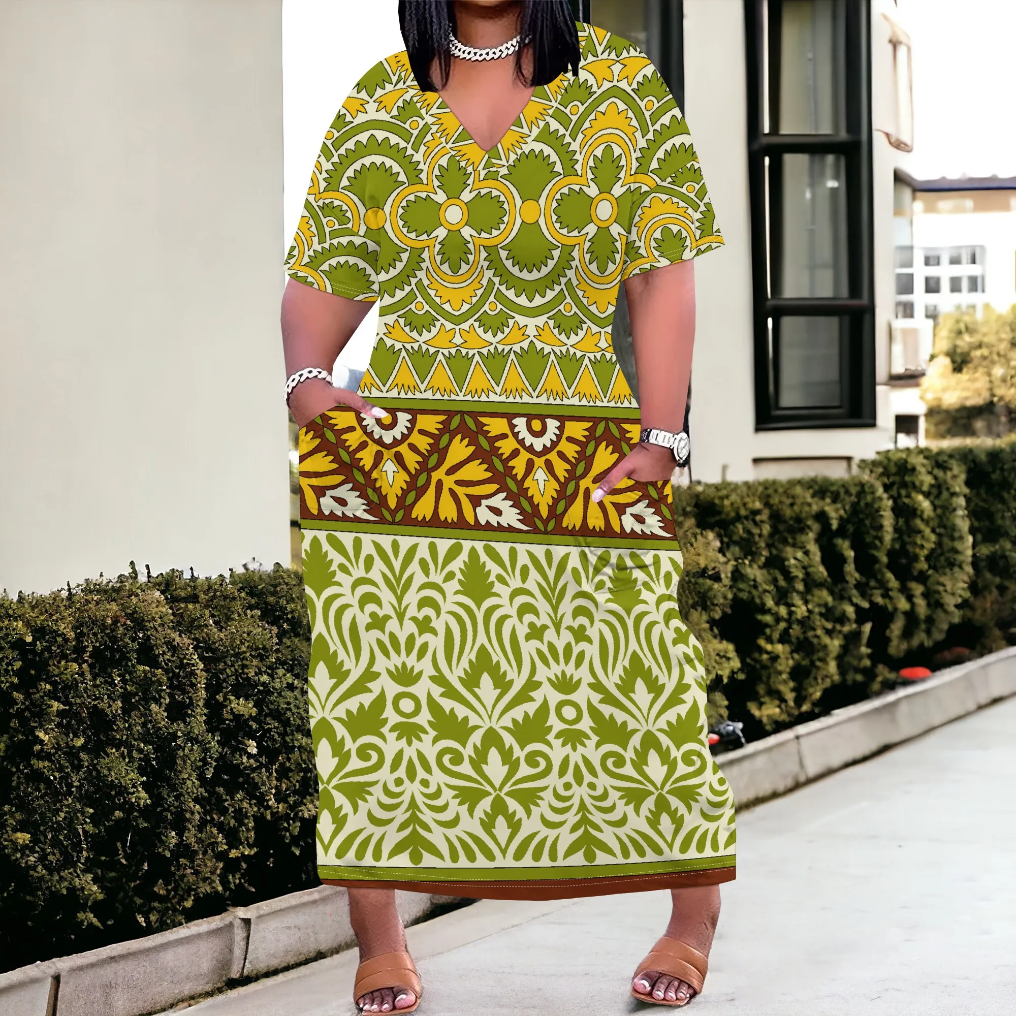 Nupusa 사파리 동물 프린트 드레스 여성용 플러스 사이즈 여름 캐주얼 V 넥 짧은 소매 맥시 드레스 (포켓 포함)