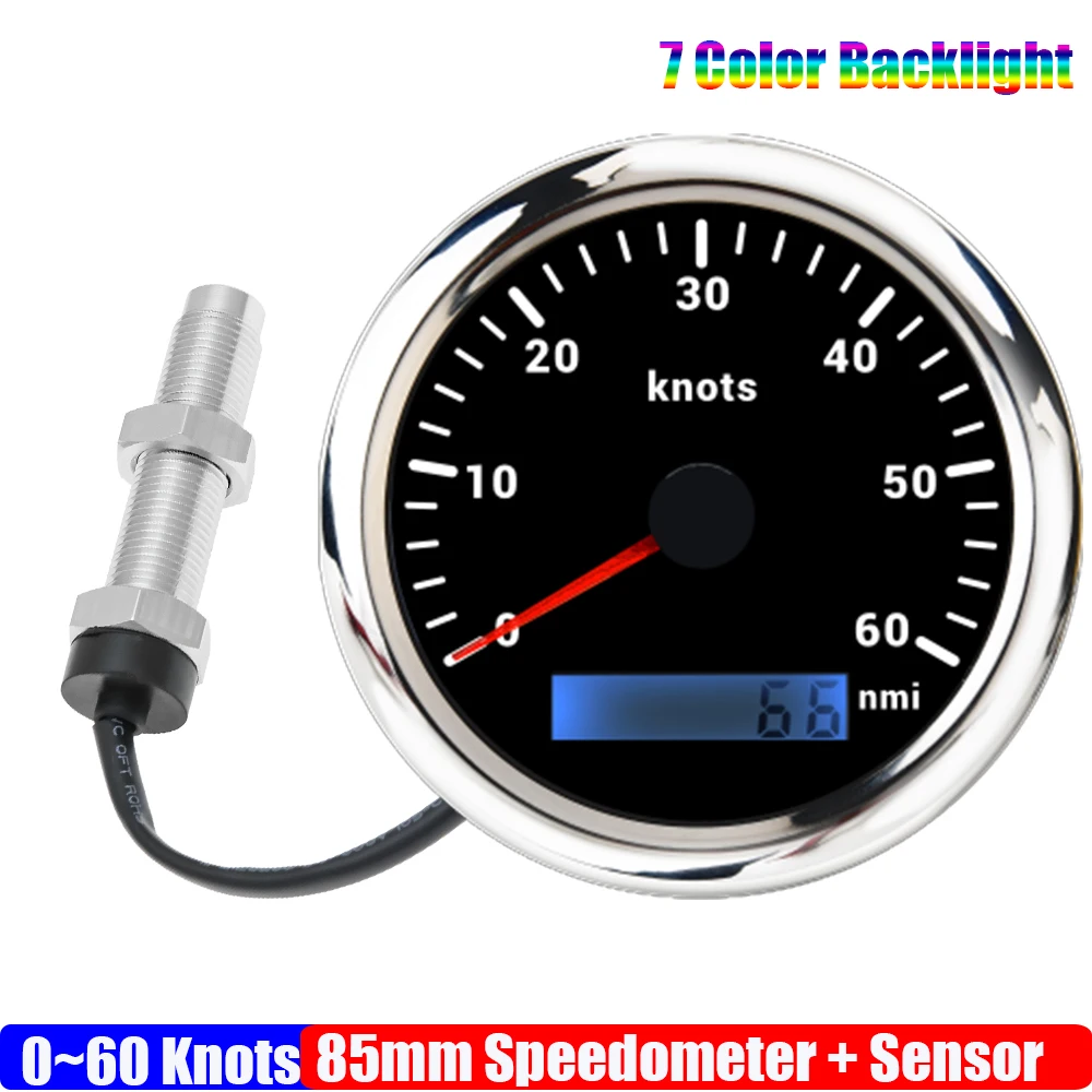 

7 Color Light Marine Boat Yacht 85mm Speedometer Gauge with Holzer Sensor M16X1.5 Hall Sensor Analog Pulse Speedometer 12V24V