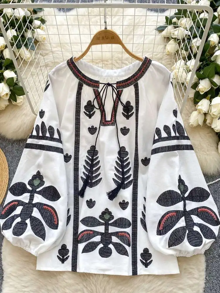 

Women Retro Embroidered Beach Shirt Round Neck Lantern Sleeve Shirts Spring Summer Loose Hooded Casual Top