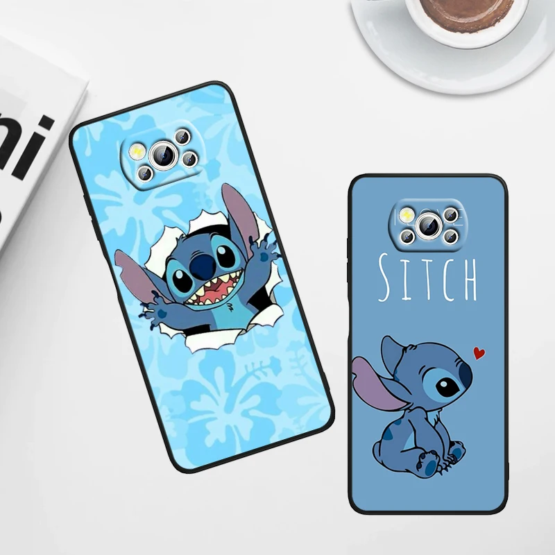 Disney Stitch Cute For Xiaomi Poco X6 X5 X4 X3 F4 F3 NFC M6 M5 M4 GT S Pro 4G 5G C65 Black Soft Phone Case