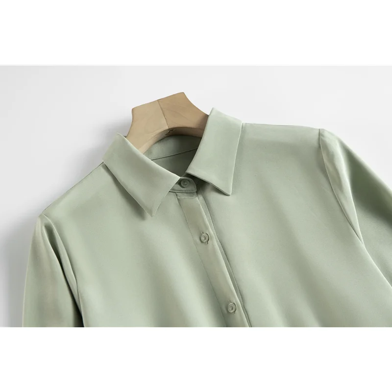 26MM 93% Natural Mulberry Silk Elastic Crepe De Chine Turn-down Collar Grey Green Versatile Long Sleeve Women's Fashion Shirt