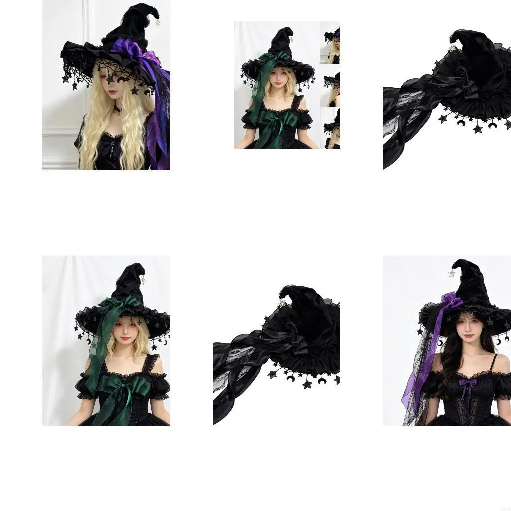 Pointed Costume Hat with Moon Star Accent Halloween Hat for Witch Outfit Looks Y08E