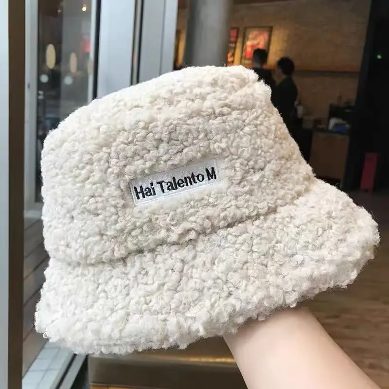 

1PC Winter Warm Bucket Hat Solid Color Letter Lamb Wool Girls Boys Basin Cap Outdoor Children Casual Flat Top Fisherman Hat