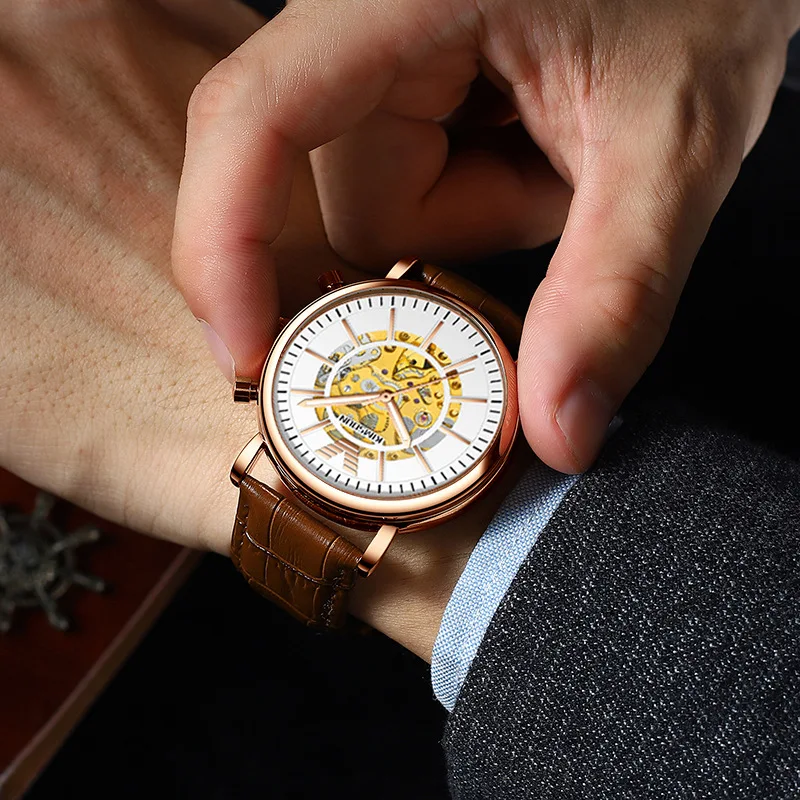 Stainless Steel Minimalist Full Skeleton Tourbillon Luminous Waterproof Precision Leather Strap SelfWind Automatic Watch for Men