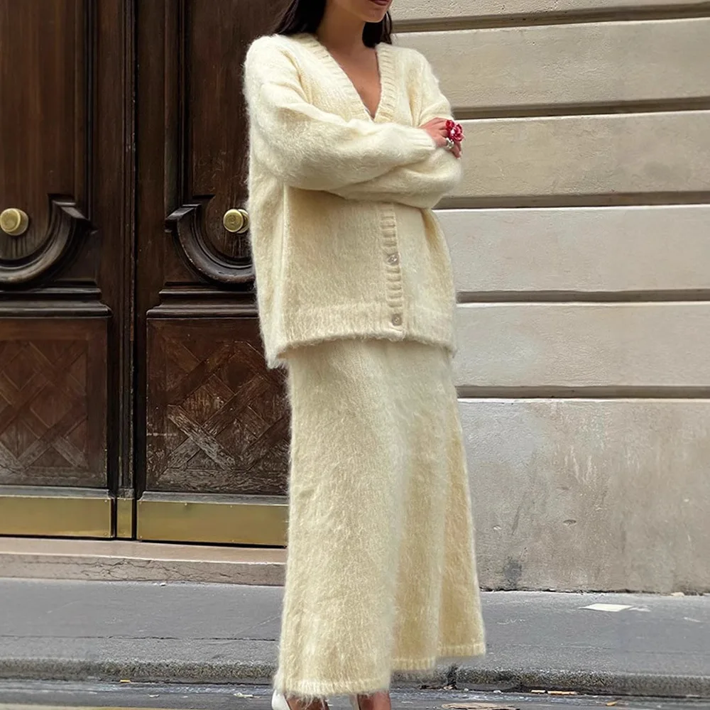 

Womens Solid Color Knit Cardigan Sweater Skirt Set V Neck Cardigan Midi Skirt Outfit Elegant Casual Tunic Two Piece