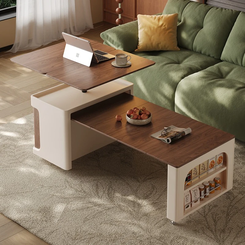 Movable coffee table solid wood household small apartment living room multi-functional lifting telescopic folding sofa cart