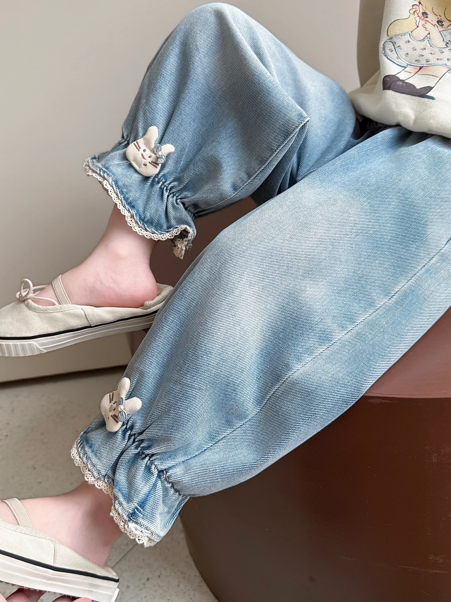 Calças Jeans Infantis para Meninas, Coleção Primavera Outono 2026, Novas Calças com Babados e Punho, Vestido de Primavera, Calças Longas Casuais para 