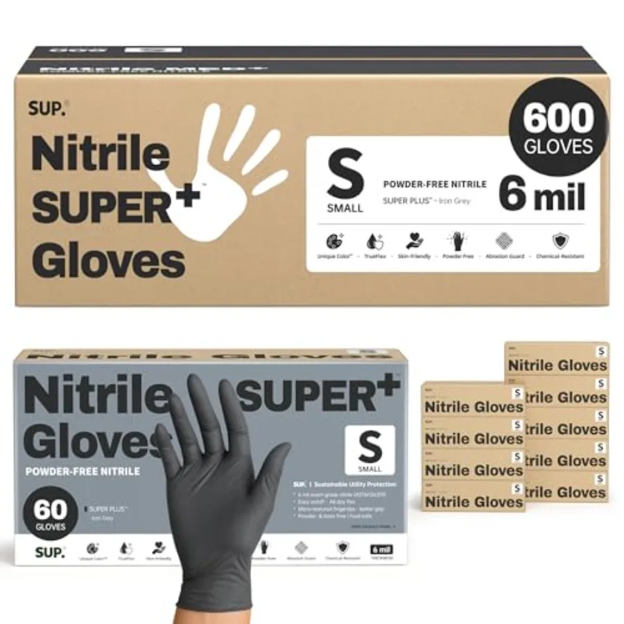 

SUPER+ Black Nitrile Gloves HEAVY DUTY 6 Mil Disposable Chemical Resistant Powder and Latex Free Medical Cooking Cleaning 600Ct
