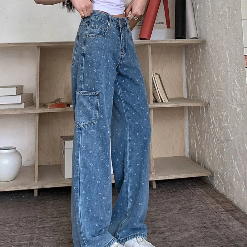 Y2K Jean 2025 Summer Fashion Ladies Floral Denim Pantalons Loose Vintage Jeans Women Casual Elastic Waist Harem Wide Trousers
