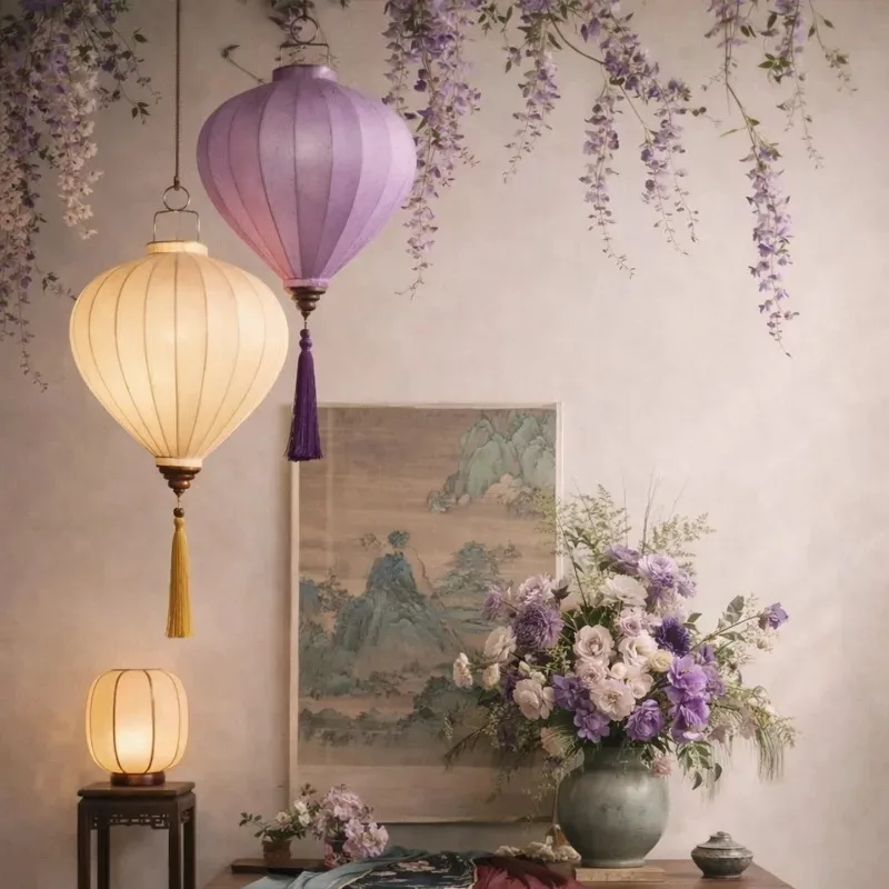 14 Inch Oriental Ancient Style Satin Silk Lantern Vietnam Palace Lantern Mid Autumn Festival Chinese New Year Hanging Decor