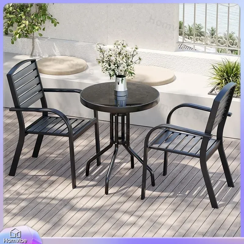 Outdoor Patio Furniture Set Plastic Wood Table and Chairs Waterproof Anti Corrosion Garden Balcony Leisure Coffee Dining