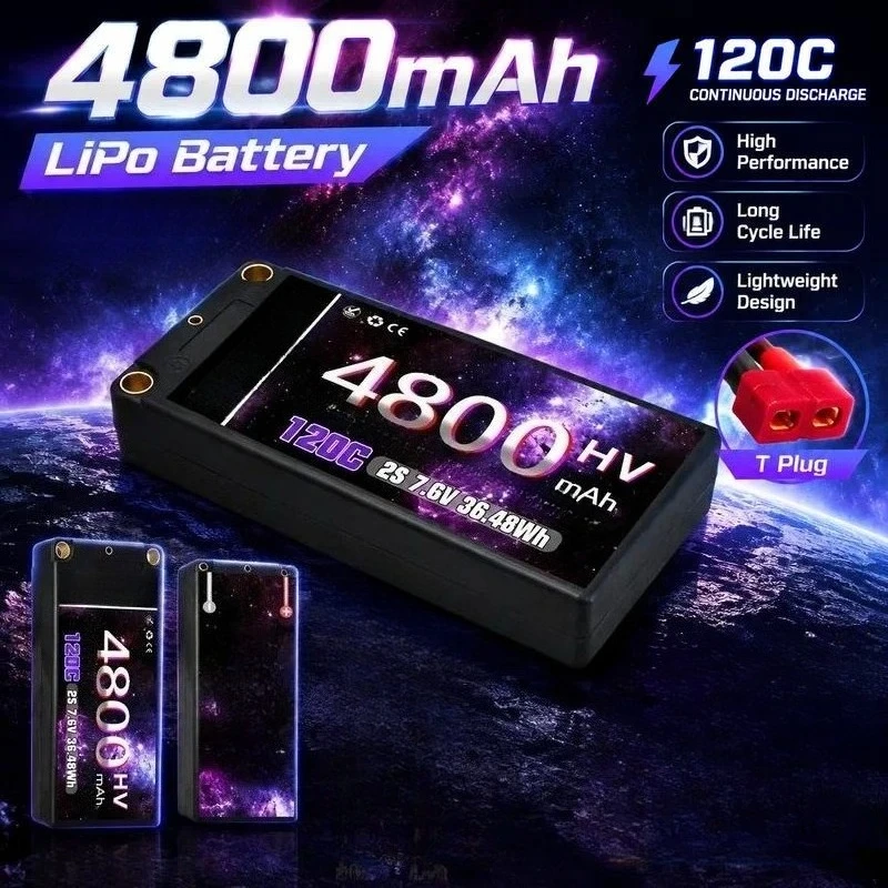4800mAh 2S 7.6V 120C HV LCG Lithium Battery for 1/10 RC Racing Car Model