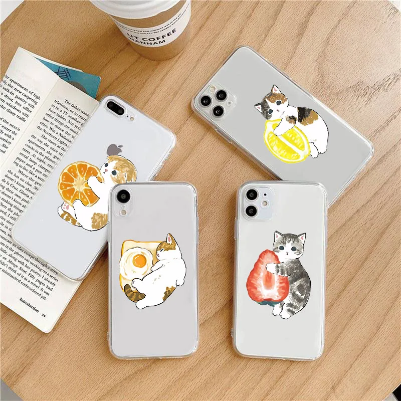 Funny Cat with Fruits Phone Case For iPhone 16 15 14 13 12 11 Pro XS MAX 7 XR 8 7 Plus Clear Cover Fundas