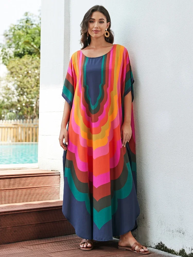 LORYLEI Colorful Women Kaftan Long Dress For Women 2024 Summer Causal Round Neck Batwing Sleeve Outfit Moo Moo Dresses Q1632