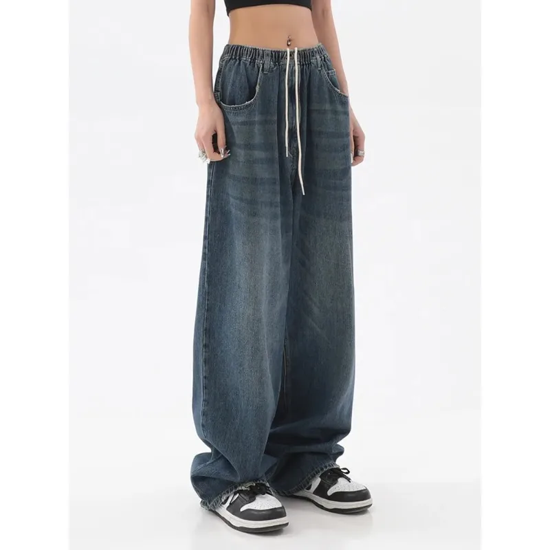 

Spring Women Vintage Baggy Jeans Elastic Waist Oversized American Trouser Denim Wide Leg Streetwear Straight Basic Pants Y2k N93