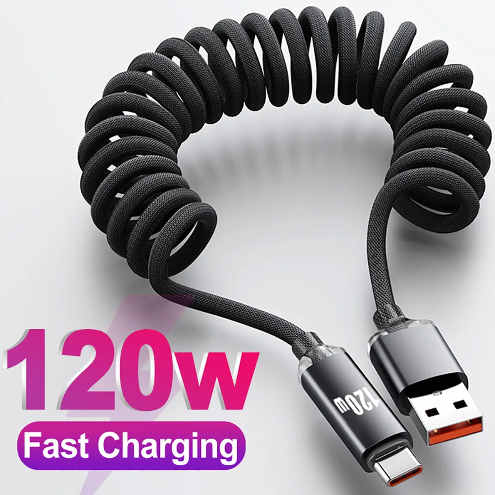120W Retractable Car Charging Data Cord USB C to Type C 5A Quick Charge Spring Cable for iPhone 15 16 17 Samsung S23 S26 Xiaomi