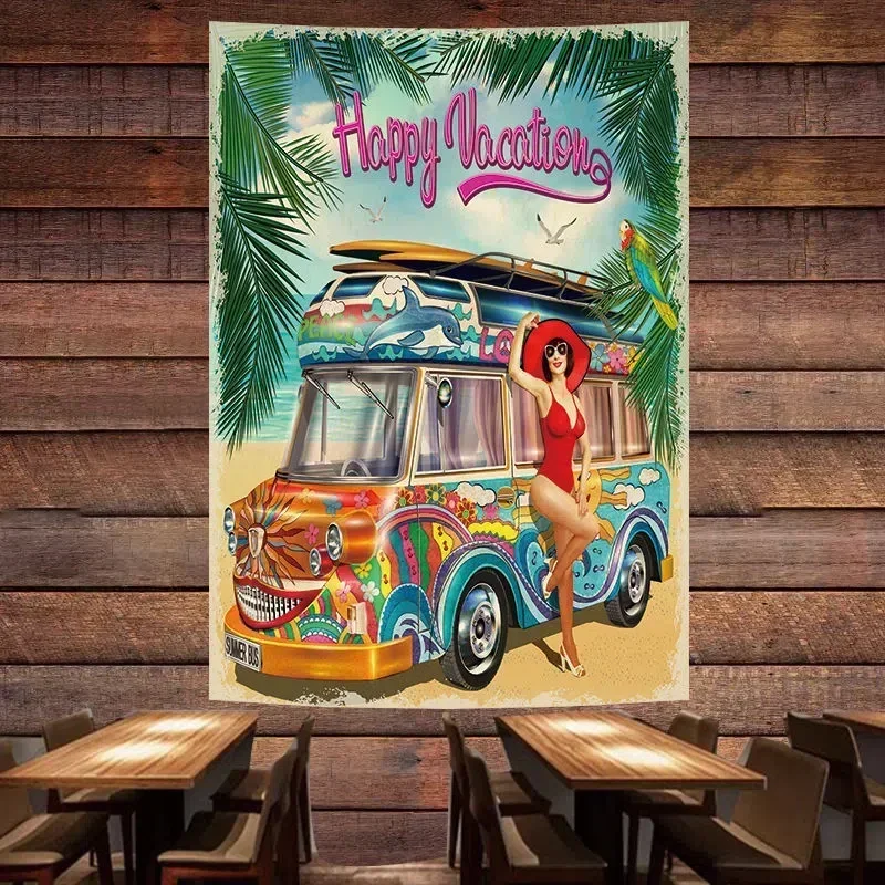 Happy Vacqtion Vintage Car Repair Service Poster Tapestry Pin Up Girl Flag Wall Painting GARAGE Auto Repair Shop Decor Banner