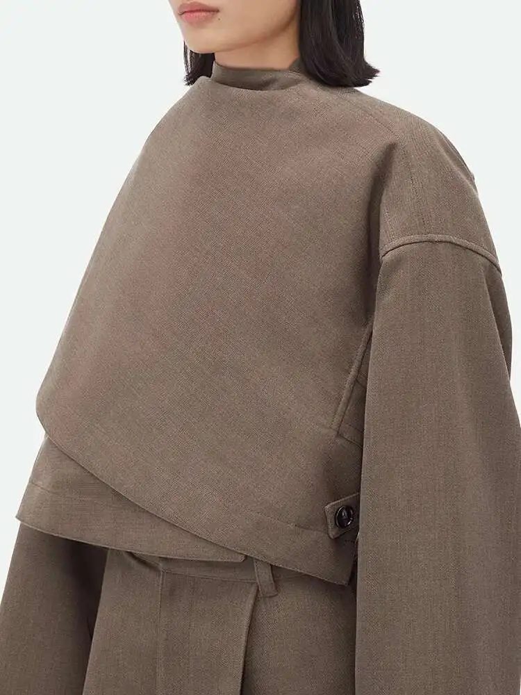 BJTZ Solid Patchwork ปุ่ม Chic เสื้อสําหรับผู้หญิงผ้าพันคอคอยาวแขนยาวไม่สมมาตรเสื้อแจ็คเก็ตสไตล์หญิง