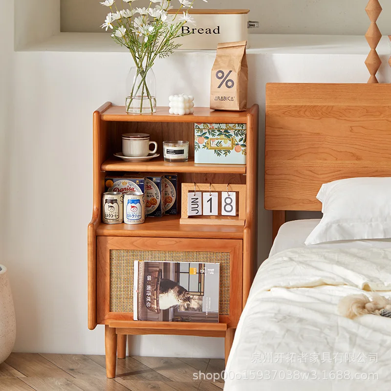 Solid wood rattan bedside cabinet, sofa side cabinet, flip-door magazine cabinet, bedside bedroom storage cabinet