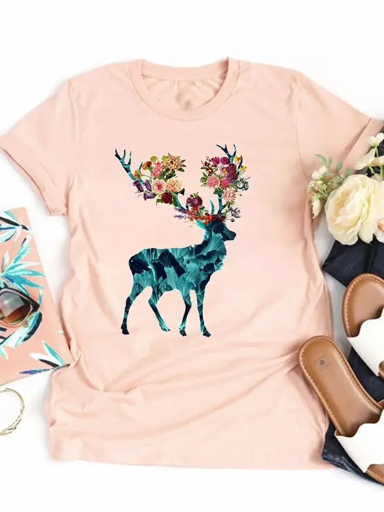 

Deer Flower 90s Trend Cute Clothing Lady Graphic T-shirt Tee Top Fashion Women Casual Short Sleeve Clothes Basic Print T Shirt