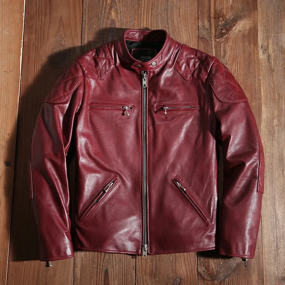 2025 New Red Motorcycle Biker Leather Jacket Genuine Spring and Autumn Coat Slim Quality Sheepskin Soft Clothes