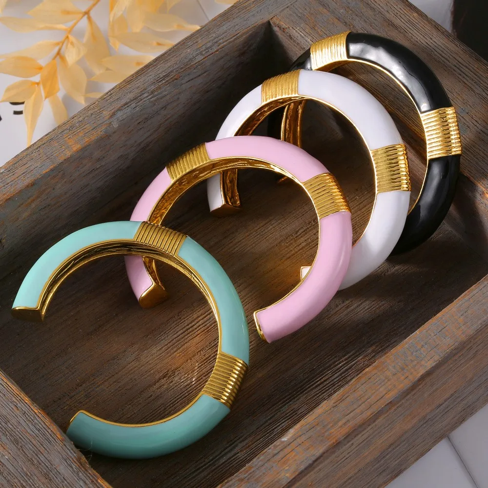 Pink Green Enamel Open Bracelet Women\'s Stainless Steel Gold Plated Vintage Bangle Luxury Designer Jewelry Accessories Gift